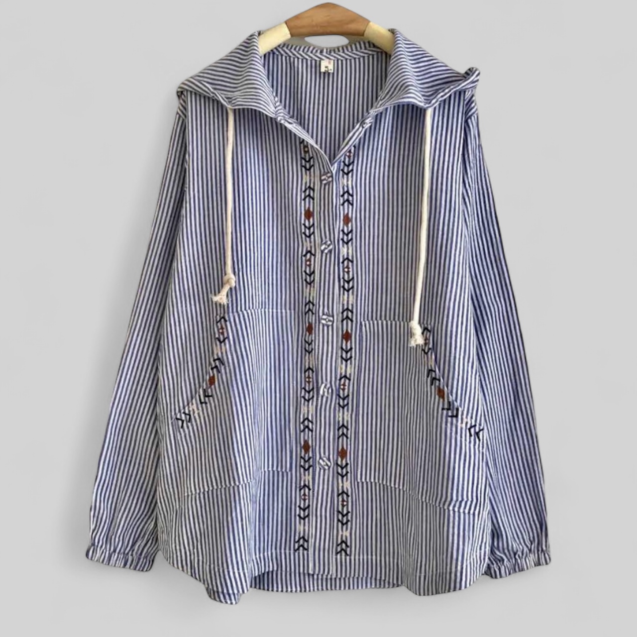 เสื้อคลุมผ้าฝ้ายนุ่มลายริ้วปักลาย