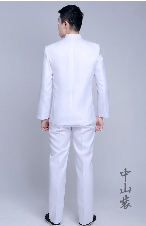 พร้อมเช่า ชุดสูทจีนชาย สีขาวล้วน คอปีน แขนยาว สไตล์จีน