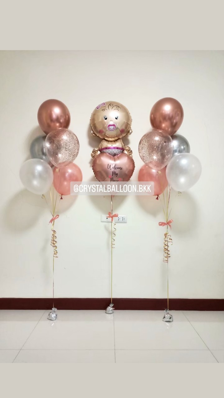 ลูกโป่ง Welcome Baby ช่อลูกโป่งฟอยล์เด็กทารก 1 ชิ้น+ฟอยล์หัวใจ ขนาด 18" 1 ชิ้น พร้อมตกแต่ง ช่อลูกโป่ง 5 ลูก 2 ช่อ,ลูกโป่งใส ใส่กลิตเตอร์ สามารถเปลี่ยนสีลูกโป่ง/เปลี่ยนข้อความ/เปลี่ยนฟอยล์ตกแต่งได้