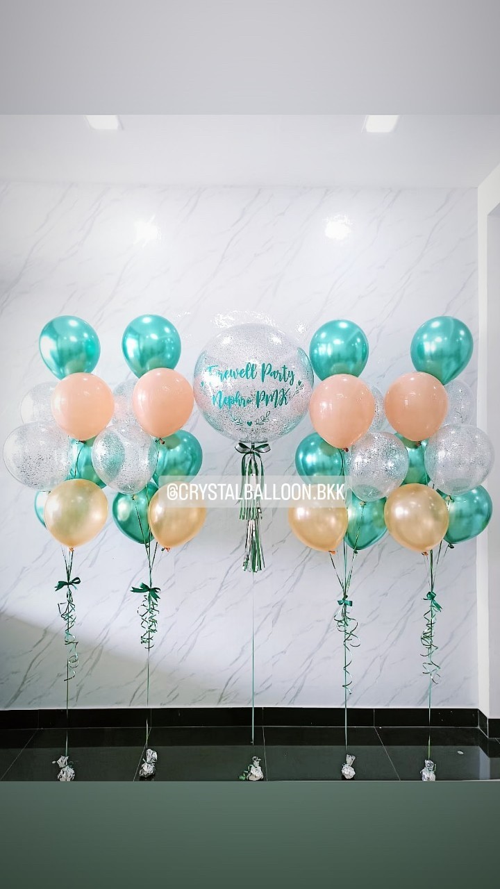 ลูกโป่ง อำลา Bubble ขนาด 24" สีเงิน พร้อม ช่อลูกโป่ง ช่อ 7 ลูก 4 ช่อ,ลูกโป่งใส ใส่กลิตเตอร์ พร้อมตกเเต่ง สามารถเปลี่ยนสีลูกโป่ง/เปลี่ยนข้อความ/เปลี่ยนขนาดได้
