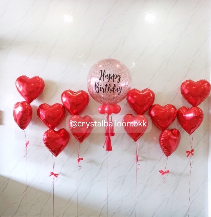 ลูกโป่ง Valentine's Day Bubble ขนาด 24" กลิตเตอร์สีแดง พร้อม ฟอยล์หัวใจ ขนาด 18" ช่อ 2 ชิ้น 6 ช่อ พร้อมตกแต่ง สามารถเปลี่ยนสี-ฟอยล์ตกแต่งได้