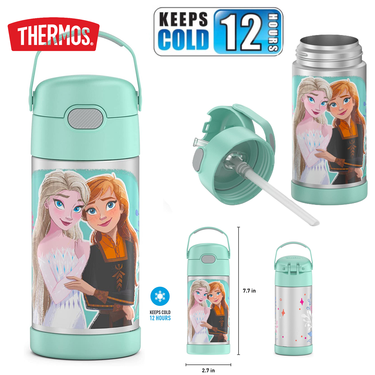 กระติกดูดน้ำแตนเลสหุ้มฉนวนสุญญากาศยี่ห้อ Thermos ของแท้ขนาด 12 ออนซ์ ลาย Frozen 2