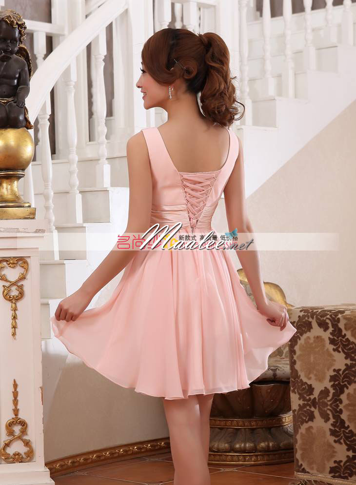 พร้อมส่ง ชุดราตรีสั้น แขนกุด สีชมพู คอวีหน้า หลัง จับเดรปสวย คาดเอวผ้าซาติน