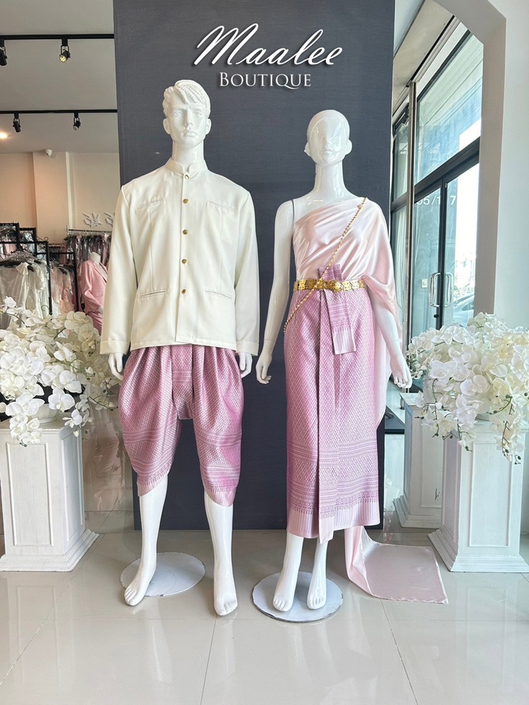 เช่า ชุดไทย ชุดเพื่อนเจ้าสาว ชุดไทยผ้าถุงสีม่วง สไบเรียบสีชมพู