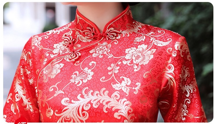 Pre-order กี่เพ้า ผ้าไหมจีน สีแดง แขนยาว ลายนกฟินิกซ์ ตัดเย็บอย่างดี