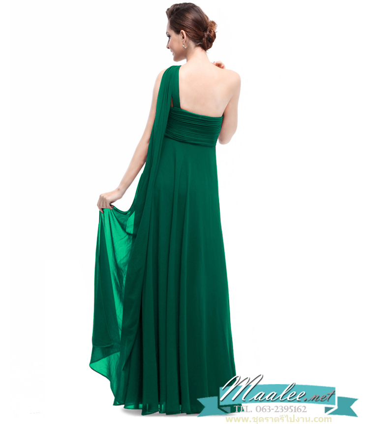 พร้อมเช่า ชุดราตรียาว เกาะอก ไหล่เดียว สีเขียว ผ้าชีฟองจับเดรปไขว่ช่วงหน้าอก ทิ้งชายด้านหลัง (ซิปข้างลำตัว)