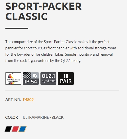 กระเป๋าทัวร์ริ่ง ORTLIEB SPORT-PACKER CLASSIC 2019 (Pairs) คู่น้า, สีน้ำเงิน,ดำและสีแดง