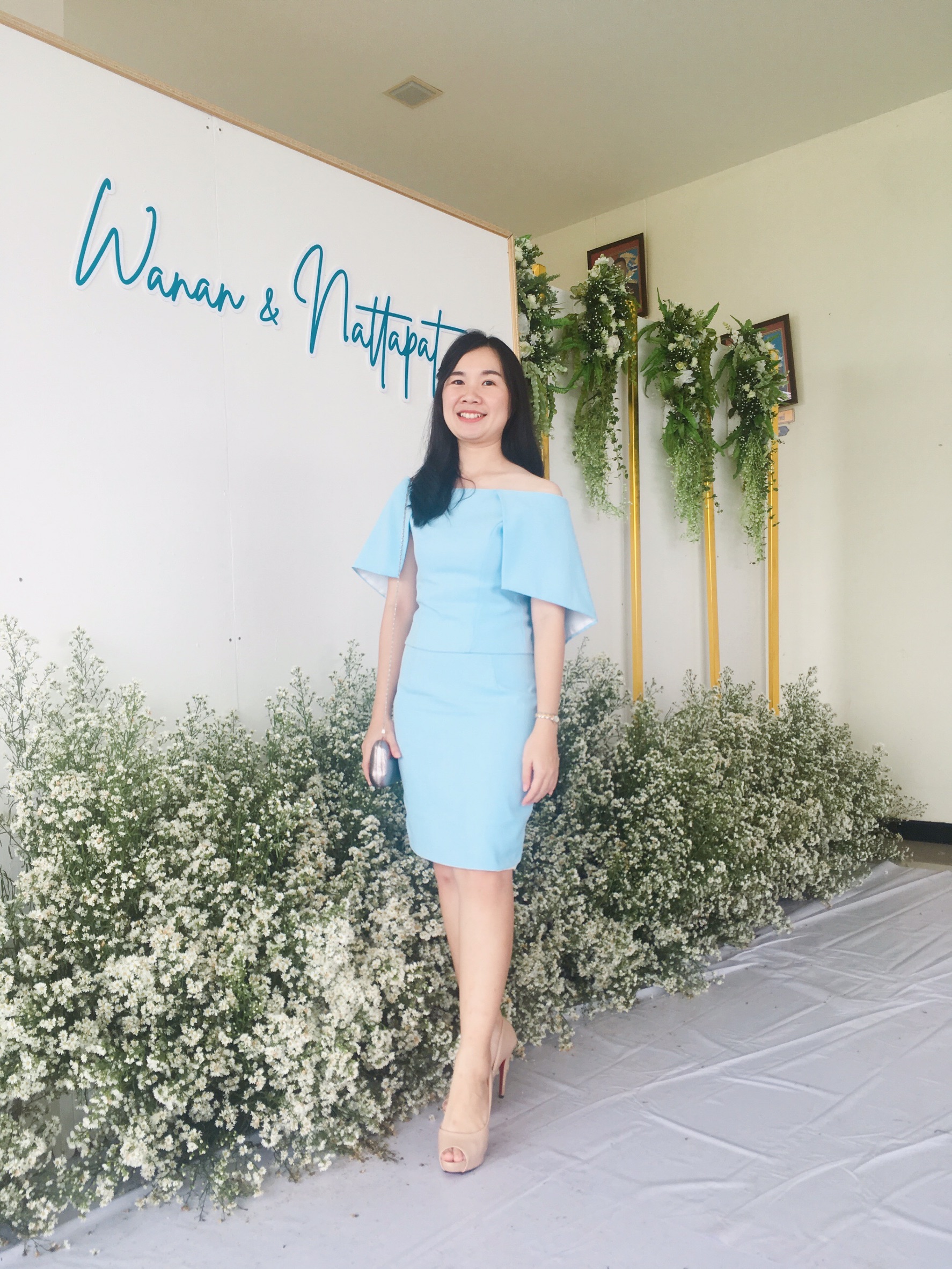 พร้อมส่ง ชุดออกงาน แบบเรียบหรู ปาดไหล่ สีชมพู บานเย็น ใส่ได้ทั้งงานเช้า งานเย็น