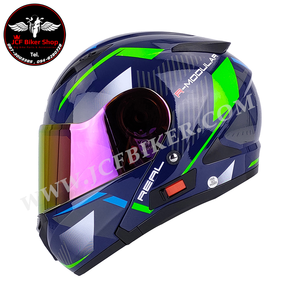 หมวกกันน๊อคเต็มใบเปิดคางได้ หมวกกันน๊อคเต็มใบ หมวกันน๊อค Real Storm R-Modular น้ำเงิน-เขียว