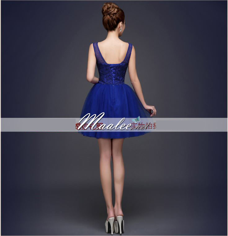 พร้อมส่ง ชุดราตรีสั้น เพื่อนเจ้าสาว แบบ B แขนกุด ลูกไม้แซมด้วยผ้าตาข่าย แต่งเม็ดคริสตัล (เชือกผูกหลัง)