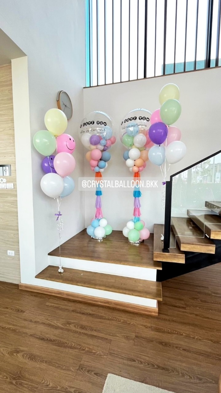 เสาลูกโป่ง เปิดงาน Bubble ขนาด 36" Theme พาสเทล 2 เสา พร้อมตกแต่ง ช่อลูกโป่ง 7 ลูก 2 ช่อ,ลูกโป่งยิ้ม 2 ลูก สามารถเปลี่ยนสีลูกโป่ง/เปลี่ยนข้อความได้