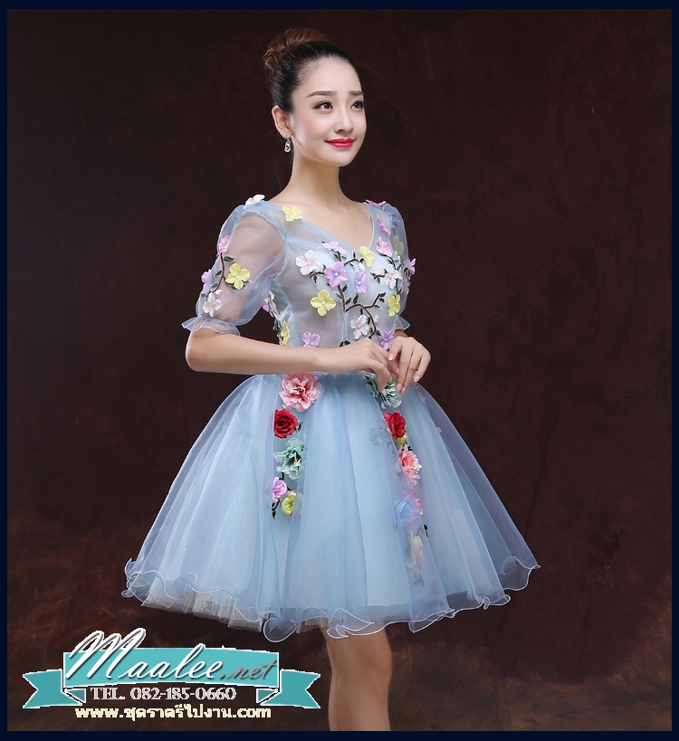พร้อมเช่า ชุดแฟนซีสั้น สีฟ้า แขนยาว แต่งดอก Fairy สไตล์เจ้าหญิง กระโปรงพองสวยชายย้วย เชือกผูกหลัง