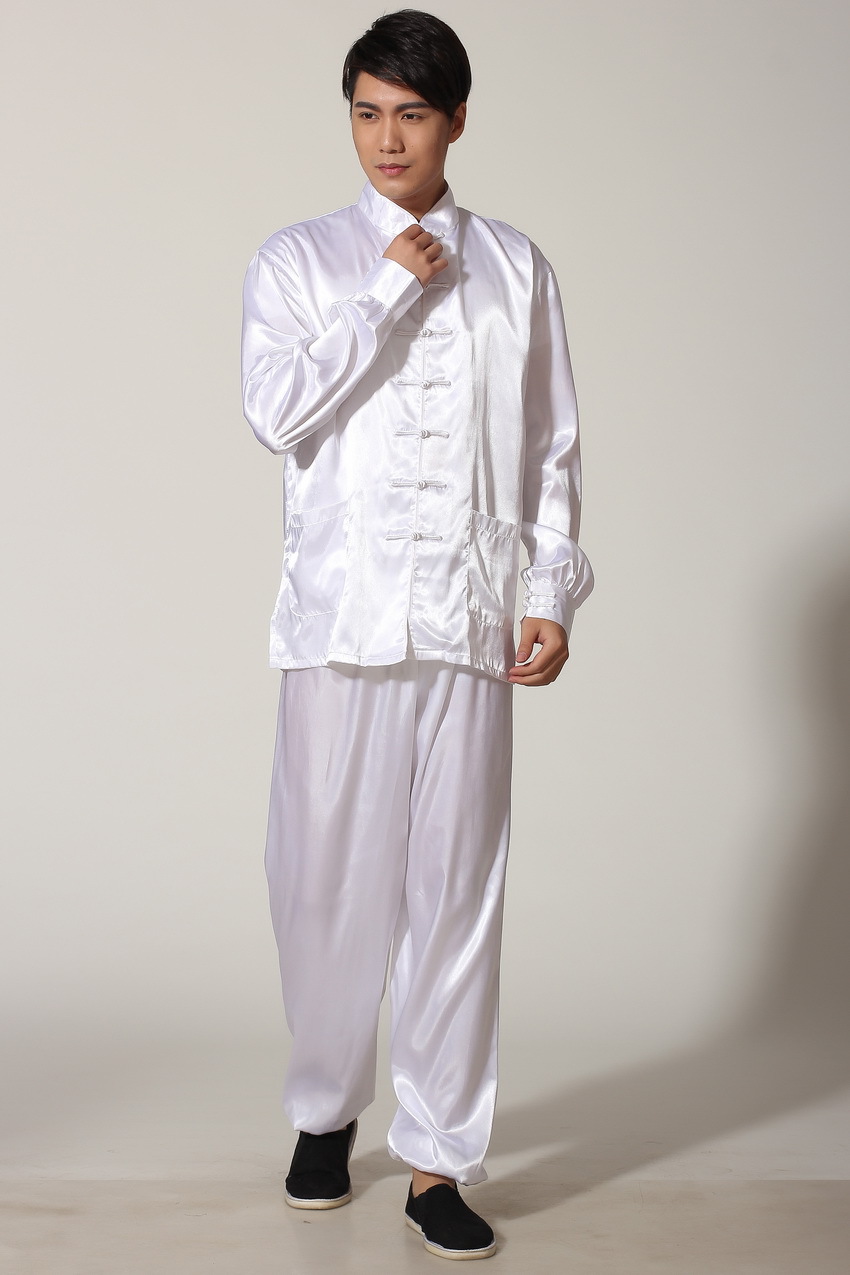 Preorder ชุดจีนชาย แขนยาวผ้าแพร สีขาว ขาจั๊ม