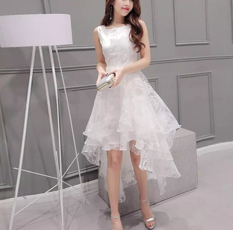 พร้อมส่ง ชุดราตรี หน้าสั้นหลังยาว แขนกุด ลายดอกไม้ เรียบหรู