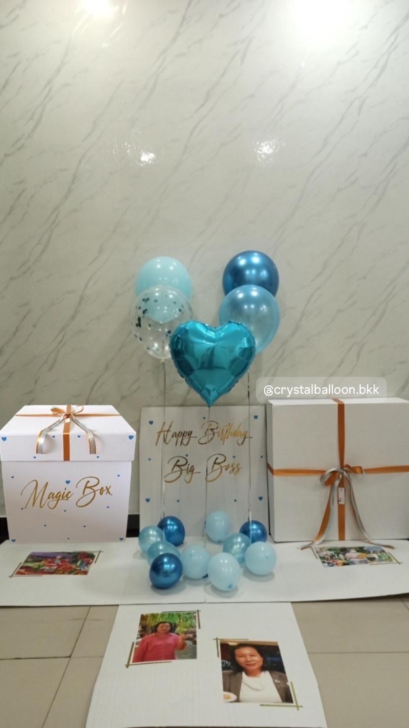 Happy Birthday Surprised Box ลูกโป่ง 4 ลูก ฟอยล์หัวใจ 1 ชิ้น พร้อมตกแต่ง สามารถใส่รูปได้ 4 รูป สามารถเปลี่ยนสีลูกโป่ง/เปลี่ยนสี-ฟอยล์ตกแต่ง/เปลี่ยนข้อความได้
