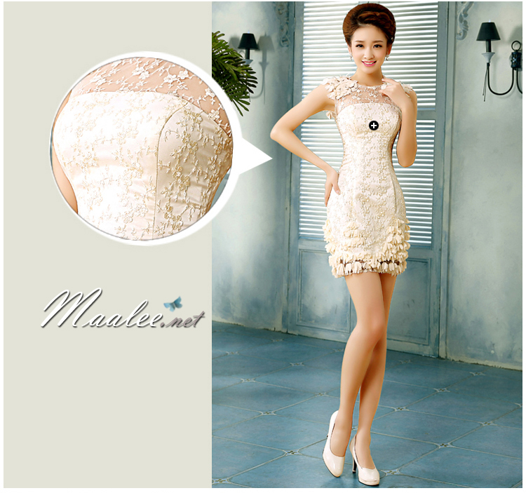 พร้อมส่ง ชุดราตรีสั้น สีครีม Champagne สวยหวาน แต่งลูกไม้หรู กระดุมหลัง