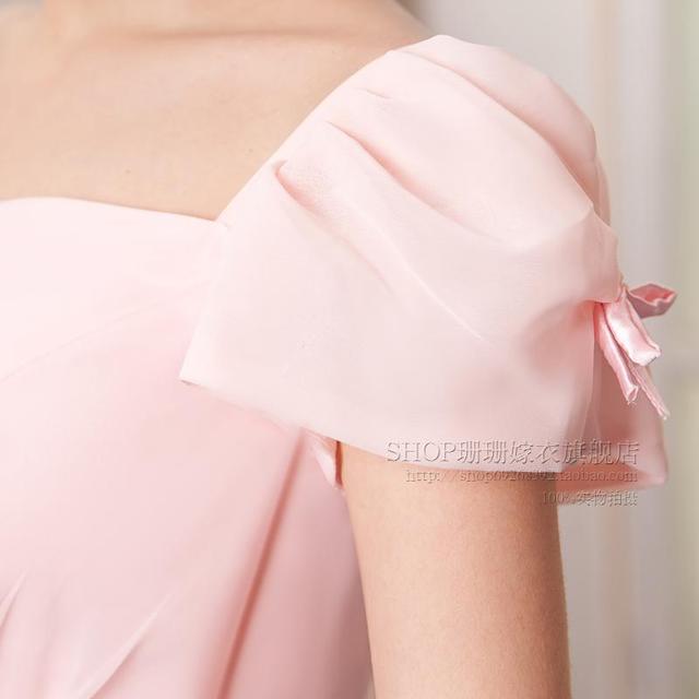 พร้อมส่ง ชุดราตรีสั้น สีชมพูหวาน แขนตุ๊กตามีโบว์ ผ้าชีฟอง แบบสวยหวาน เพิ่มดอกช่วงเอว (เชือกผูกหลัง)