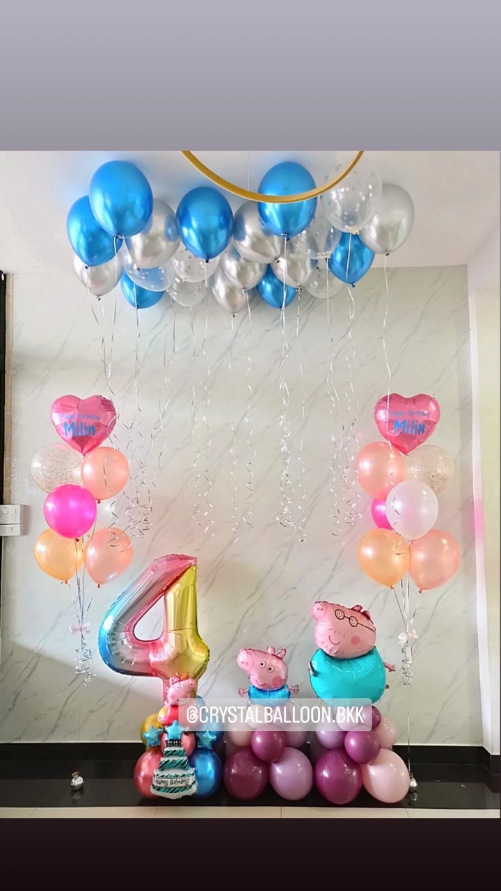 ลูกโป่ง วันเกิดเด็ก ช่อลูกโป่งฟอยล์หัวใจ ขนาด 18" ช่อ 7 ลูก 2 ช่อ พร้อม ลูกโป่งลอยฝ้า 20 ลูก,ฟอยล์ตัวเลข ขนาด 40" ตั้งฐาน 1 ชิ้น,ฟอยล์ Peppa Pig ตั้งฐาน 2 ชิ้น พร้อมตกแต่ง สามารถเปลี่ยนสีลูกโป่ง/เปลี่ยนข้อความ/เปลี่ยนสี-ฟอยล์ตัวเลขได้