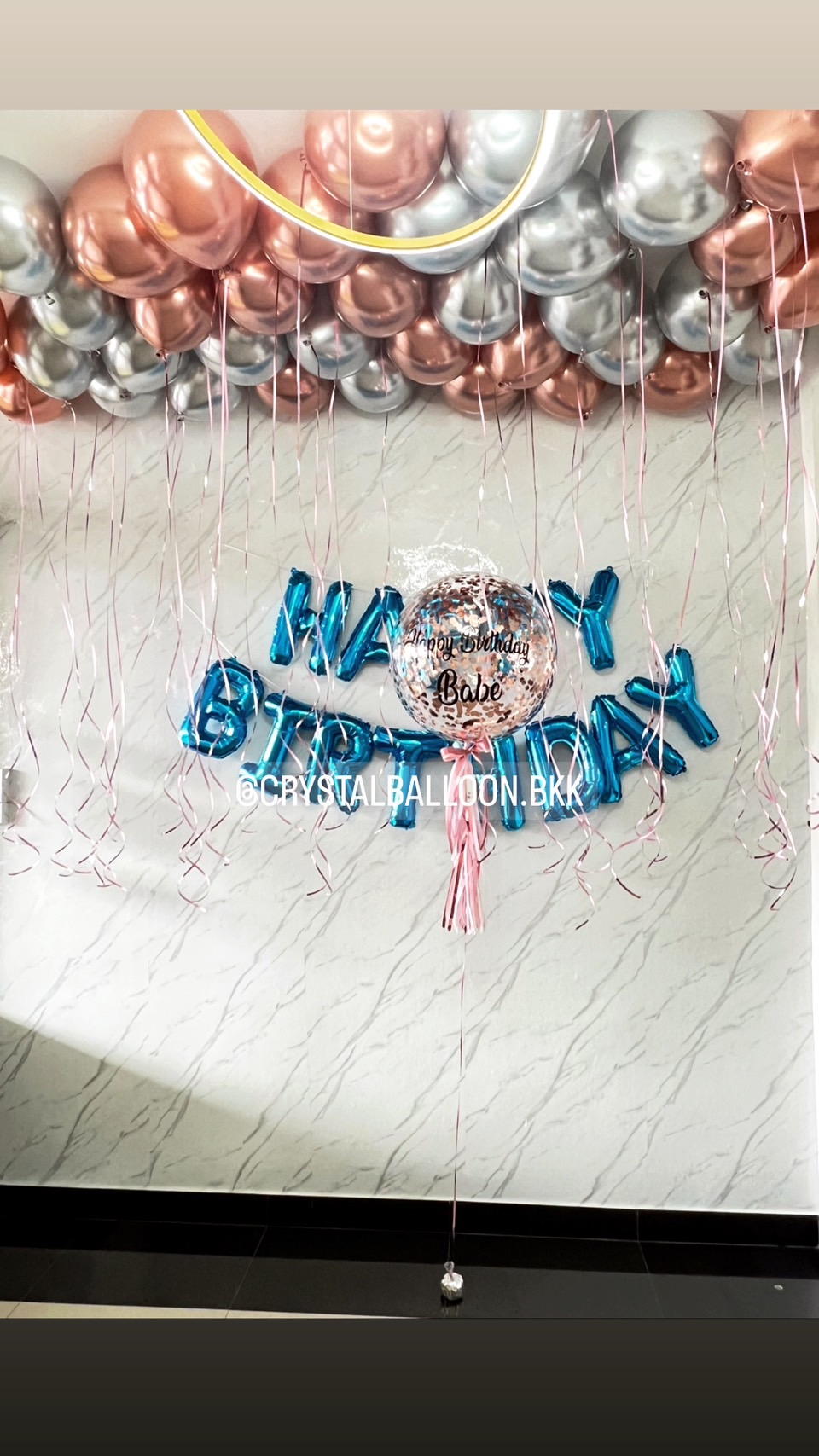 ลูกโป่ง วันเกิด Bubble ขนาด 24" สีโรสโกล พร้อม ฟอยล์ตัวอักษร 16" Happy Birthday พร้อม ลูกโป่งลอยฝ้า 45 ลูก พร้อมตกเเต่ง สามารถเปลี่ยนสีลูกโป่ง/เปลี่ยนข้อความ/เปลี่ยนขนาดได้