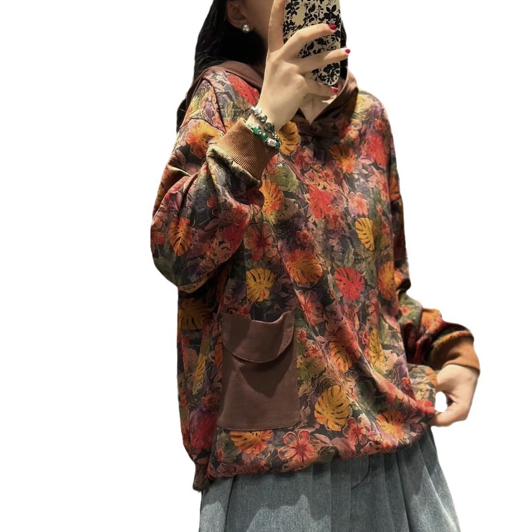 เสื้อฮู้ดลายใบไม้โทนอบอุ่น🍂แต่งกระเป๋า