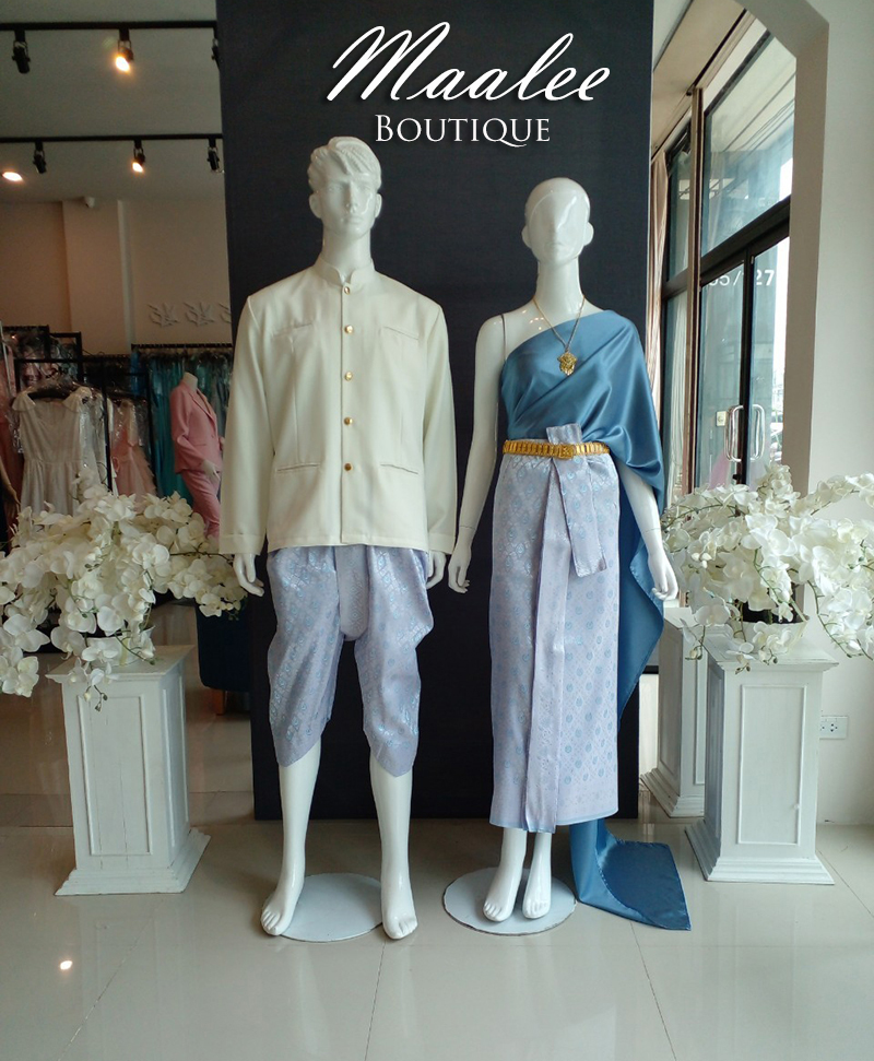 เช่า ชุดไทย ชุดเพื่อนเจ้าสาว ชุดไทยผ้าถุงสีชมพูฟ้าเงิน สไบเรียบสีเทาฟ้าเข้ม