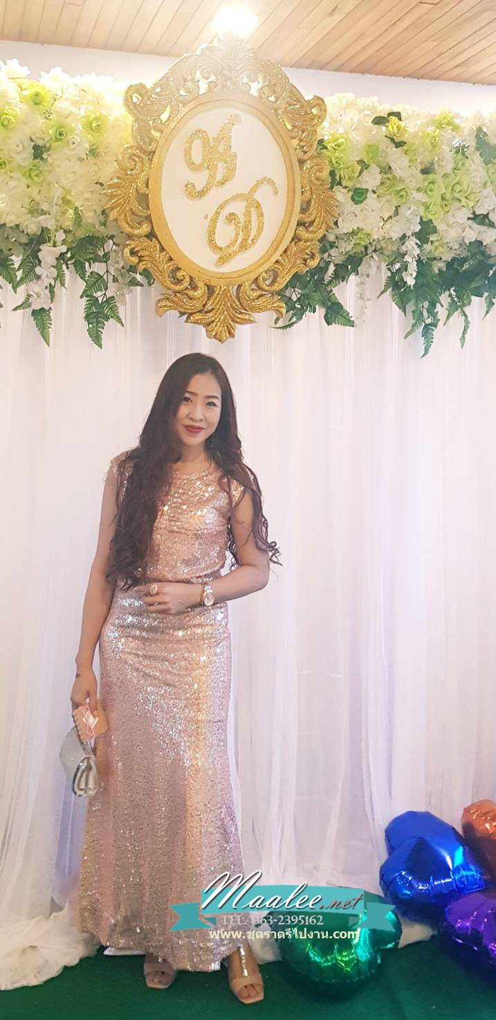 พร้อมเช่า ชุดราตรีแนวGatsby ปักเลื่อม แขนกุดเข้ารูป ออกงานกลางคืน ด้านหลังเป็นซีทรูแนวเซ็กซี่ สีเงิน (ซิปหลัง)