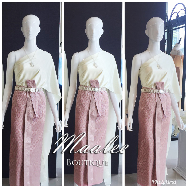 เช่า ชุดไทย ชุดเพื่อนเจ้าสาว ชุดไทยผ้าถุงสีโอวัลตินชมพูเงิน สไบเรียบ สีงาช้าง