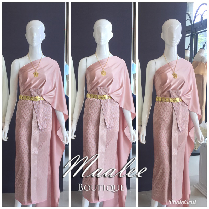 เช่า ชุดไทย ชุดเพื่อนเจ้าสาว ชุดไทยผ้าถุงสีโอวัลตินชมพูเงิน สไบเรียบ สีโรสโกล