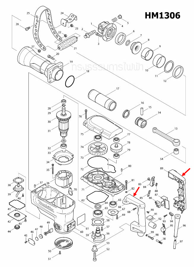 HANDLE SET สกัด เจาะพื้น มากีต้า Makita HM1306 [#66, 89] Pn.188387-1 (แท้) ##
