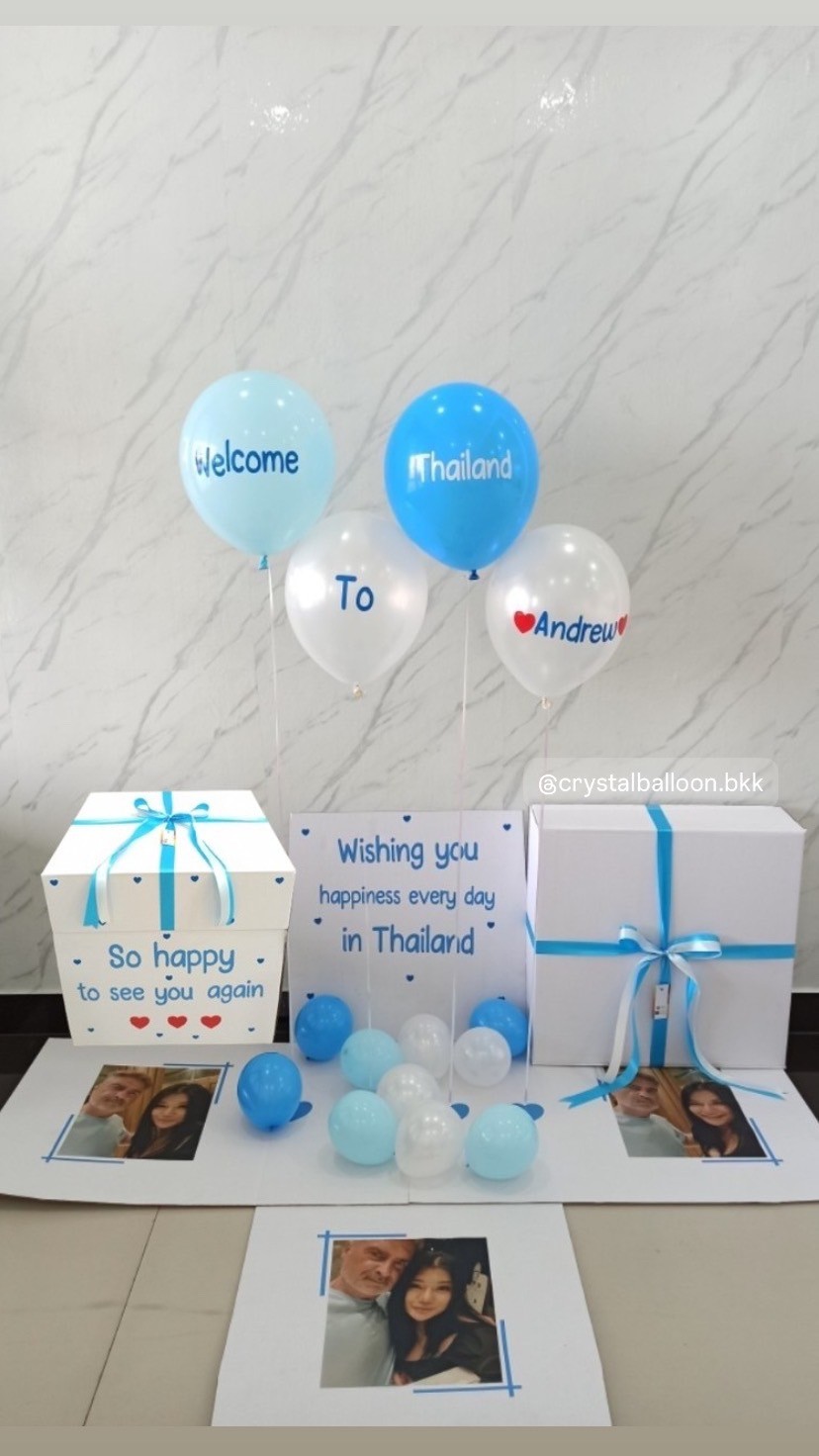 Surprised box กล่องเซอร์ไพรส์ พร้อม ลูกโป่ง 4 ลูก พร้อมตกเเต่ง สามารถใส่รูปได้ 3 ใบ สามารถเปลี่ยนสีลูกโป่ง/เปลี่ยนสีข้อความได้