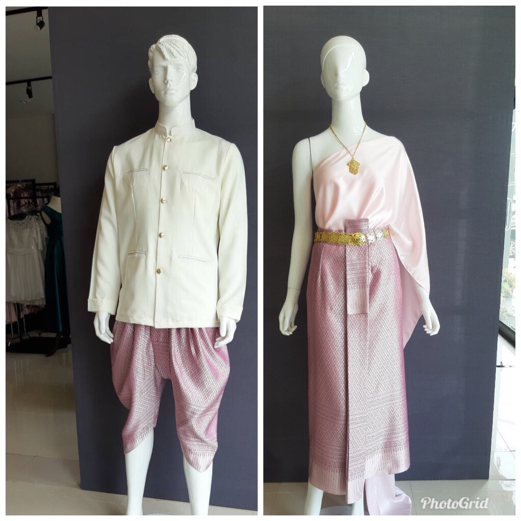 เช่า ชุดไทย ชุดเพื่อนเจ้าสาว ชุดไทยผ้าถุงสีกลีบบัว สไบเรียบสีชมพูอ่อน