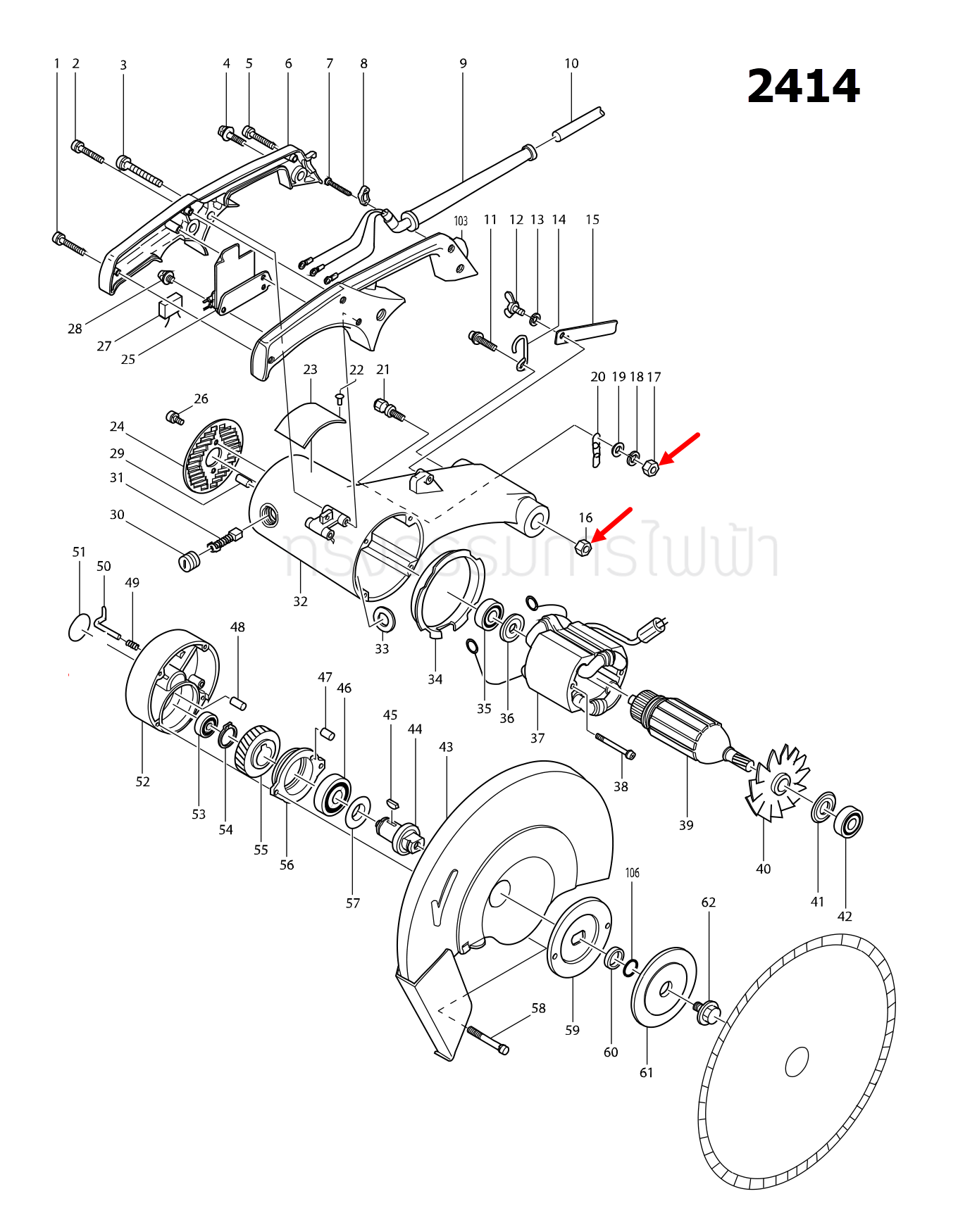 น็อต M6 แท่นตัดไฟเบอร์ Makita 2414 [#16, #17], 2414NB [#71], HR4030C [#76], 5900B [#65] Pn.931302-2 (แท้) ##