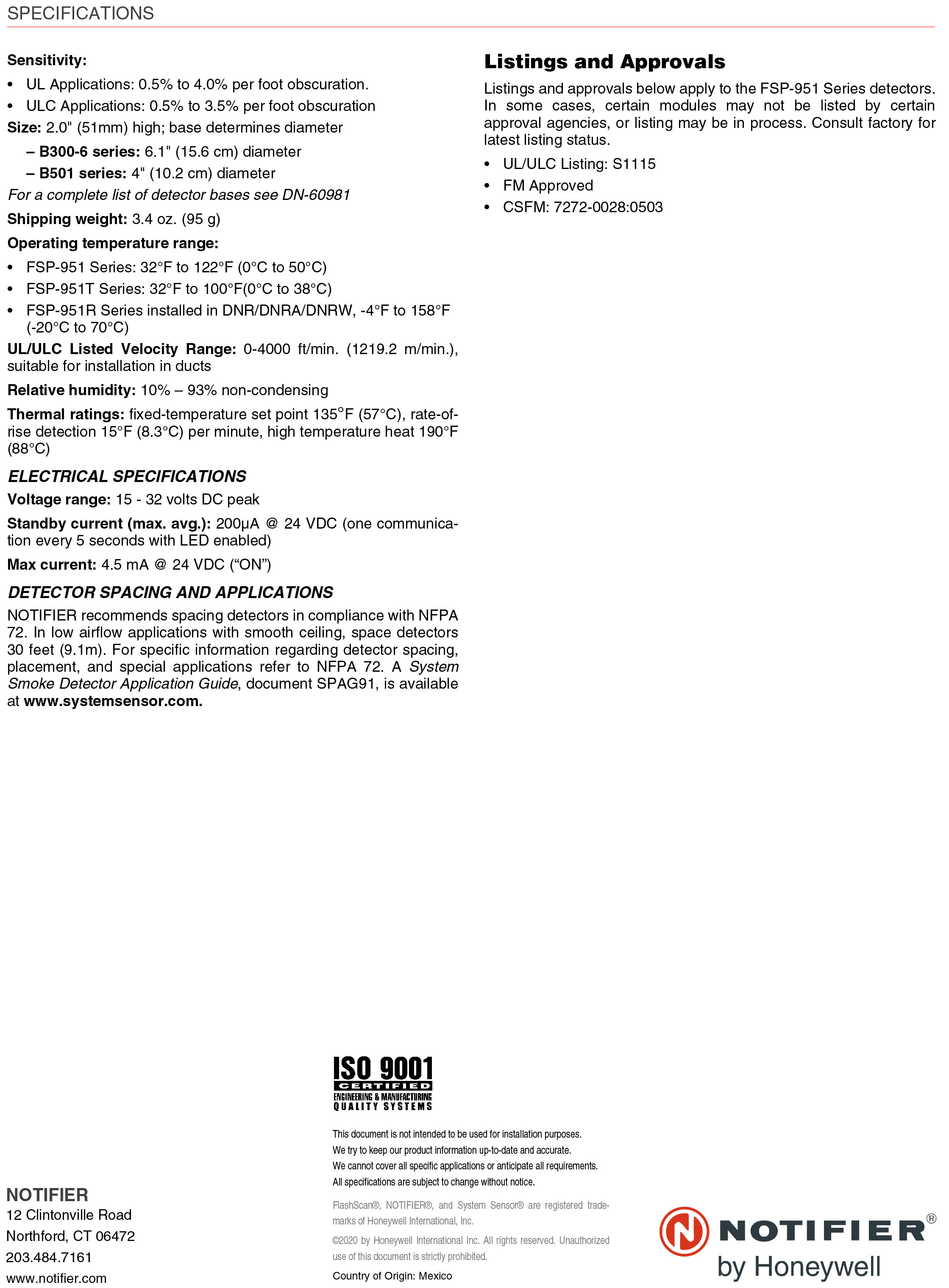 "NOTIFIER" FSP-951-IV Ivory, low-profile intelligent Addressable Photoelectric Smoke Detectors UL/FMStandard