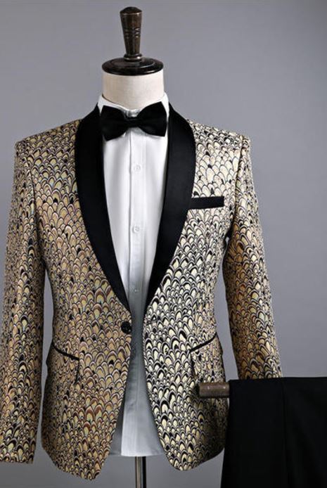 พร้อมเช่า ชุดสูท เสื้อสูทชาย สีทอง ปกทักซิโด้ ทอลาย3มิติ กับกางเกงสีดำ