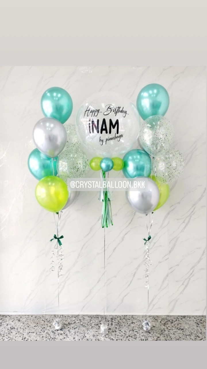 ลูกโป่ง วันเกิด Bubble ขนาด 24" กลิตเตอร์สีขาว 1 ลูก พร้อม ช่อลูกโป่งสีโครเมี่ยม ช่อ 7 ลูก 2 ช่อ Theme สีเขียวโครเมี่ยม พร้อมตกแต่ง สามารถเปลี่ยนสีลูกโป่ง/เปลี่ยนข้อความ/เปลี่ยนขนาดได้