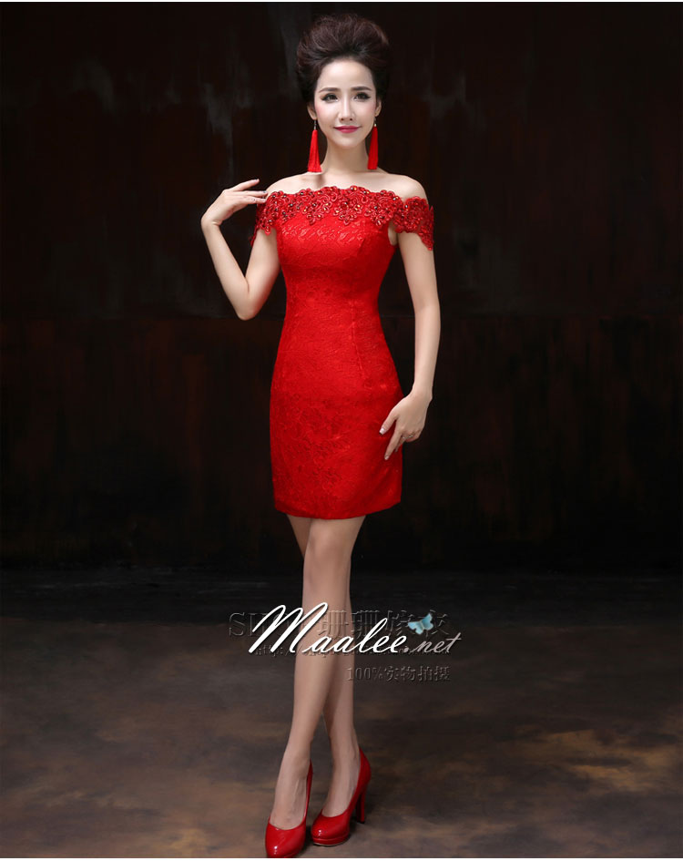 พร้อมส่ง ชุดราตรีสั้น แบบปาดไหล่เซ็กซี่ เข้ารูป สีแดง ผ้าลูกไม้ แต่งเลื่อมสุดหรู (เชือกผูกหลัง)