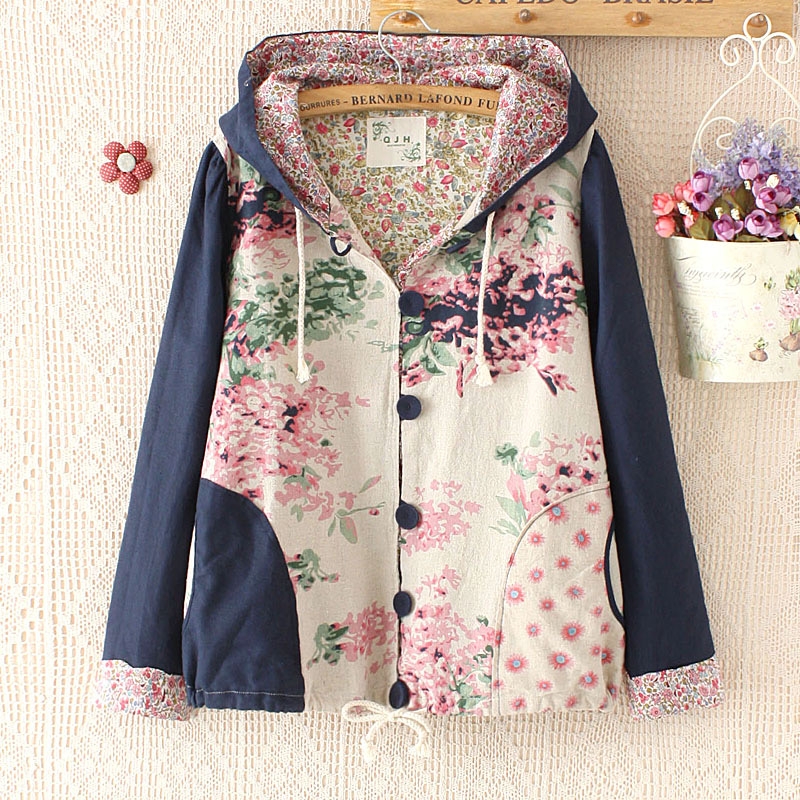 เสื้อคลุมผ้าฝ้ายลายดอกไม้มีฮู้ด