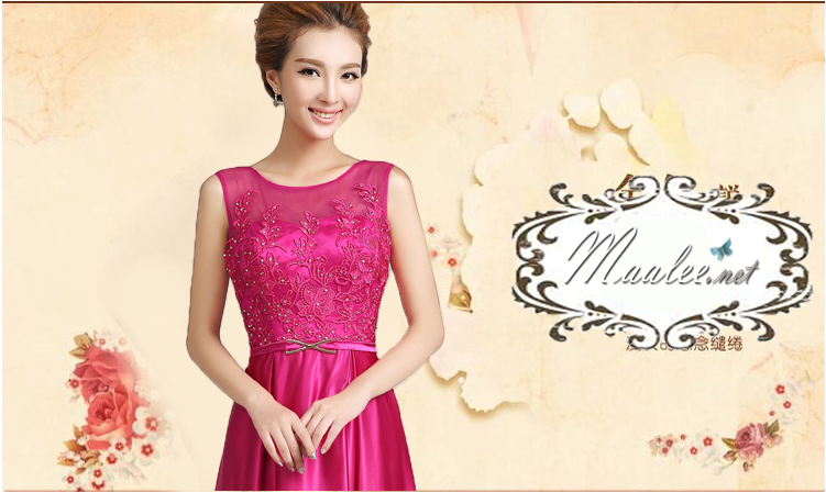 พร้อมส่ง ชุดราตรียาว สีชมพู Hot Pink ปักลูกไม้แต่งเลื่อม ด้านหลังเป็นแบบซีทรู กระโปรงผ้าซาติน ชายยาว