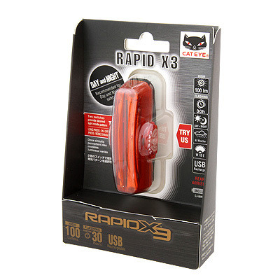 CATEYE ไฟท้ายกระพริบแคทอาย RAPID X3 tail light, TL-LD720-R, สีแดง X3 รีชาร์ท USB แรง 100 lumen
