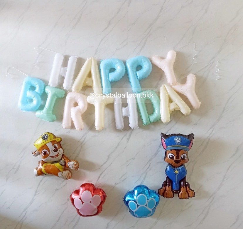 ลูกโป่ง วันเกิดเด็ก ฟอยล์ตัวอักษร ติดผนัง ฟอยล์ Happy Birthday ขนาด 16" สีพาสเทล 1 ชิ้น พร้อม ฟอยล์ Paw Patrol 4 ชิ้น พร้อมตกแต่ง สามารถเปลี่ยนสี-ฟอยล์ตัวอักษร/เปลี่ยนสี-ฟอยล์ตัวเลขได้