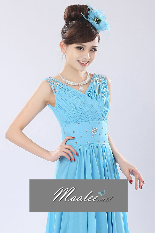 พร้อมเช่า ชุดราตรียาว แขนกุด สไตล์กรีก ปักเลื่อมช่วงไหล่และเอว ผ้าชีฟองจับเดรป สีเขียว Mint