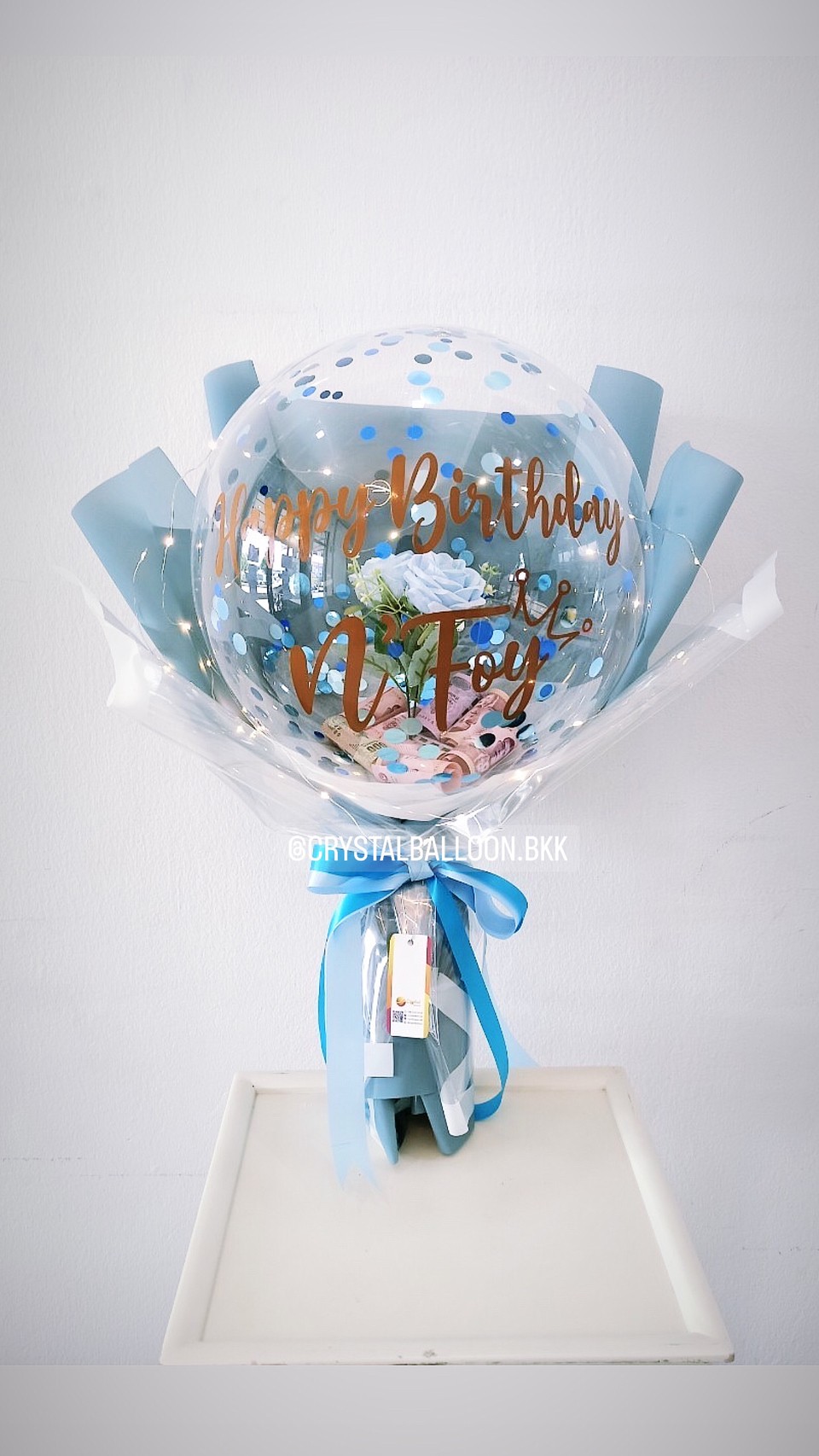 Flower Balloon วันเกิด ดอกกุหลาบประดิษฐ์ 1 ดอก Bubble ขนาด 18" พร้อมตกแต่ง ไฟประดับ,สามารถใส่เงินได้ 30 ใบ สามารถเปลี่ยนข้อความ/เปลี่ยนสีได้