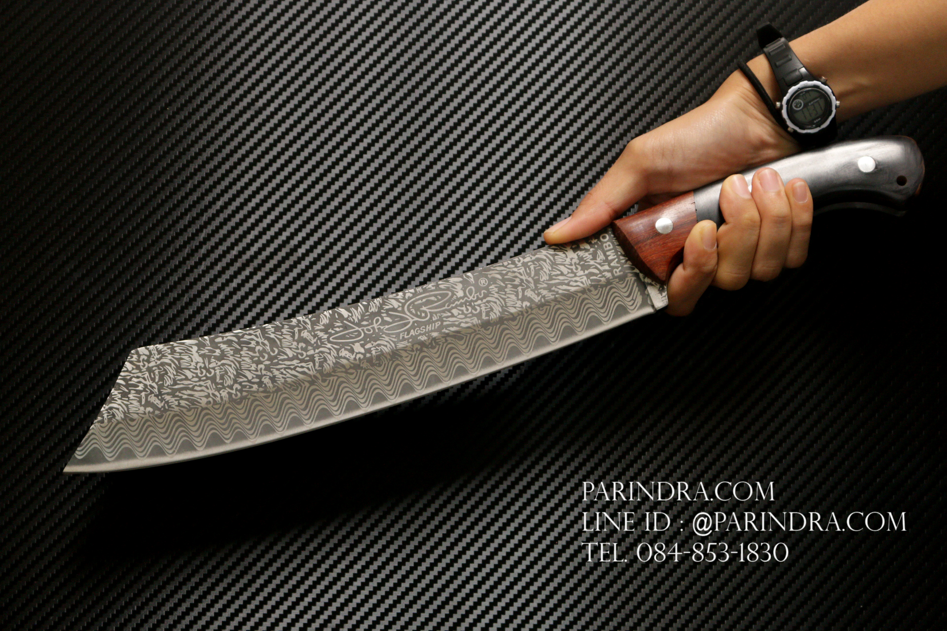 มีดเดินป่าใบตาย RAMBO IV แรมโบ้ 4 สุดโหด (ใบมีดลายดามัสกัสเทียม) ด้ามไม้