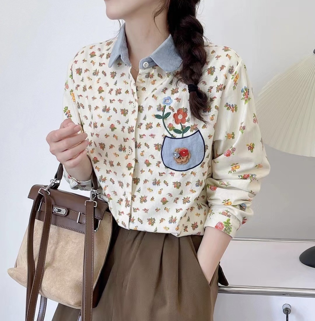 เสื้อเชิ้ตผ้าสำลีลายดอกไม้ลายปัก
