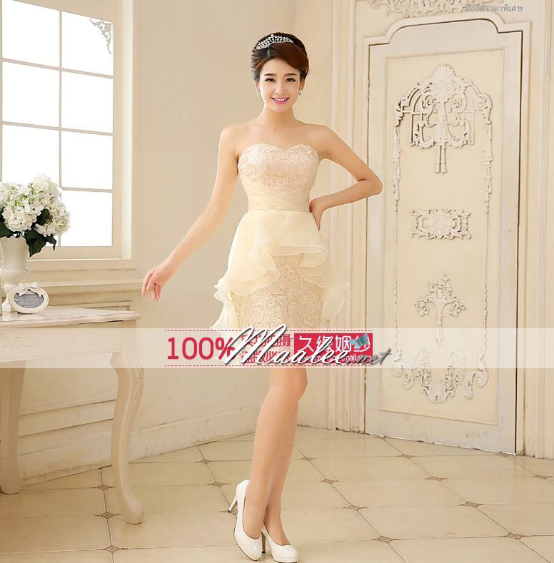 พร้อมส่ง ชุดราตรีสั้น เกาะอก ผ้าลูกไม้แต่งผ้าแก้วระบายชั้นๆ สีครีม