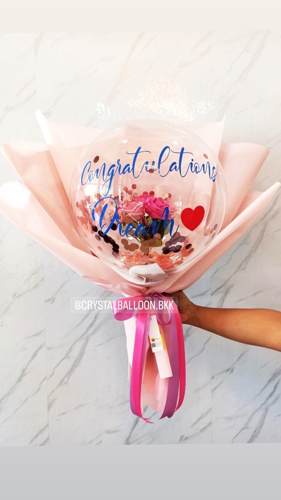 Flower Balloon แสดงความยินดี ดอกกุหลาบประดิษฐ์ Bubble ขนาด 18" พร้อมตกแต่ง สามารถใส่เงินได้ 30 ใบ สามารถเปลี่ยนข้อความ/เปลี่ยนสีได้