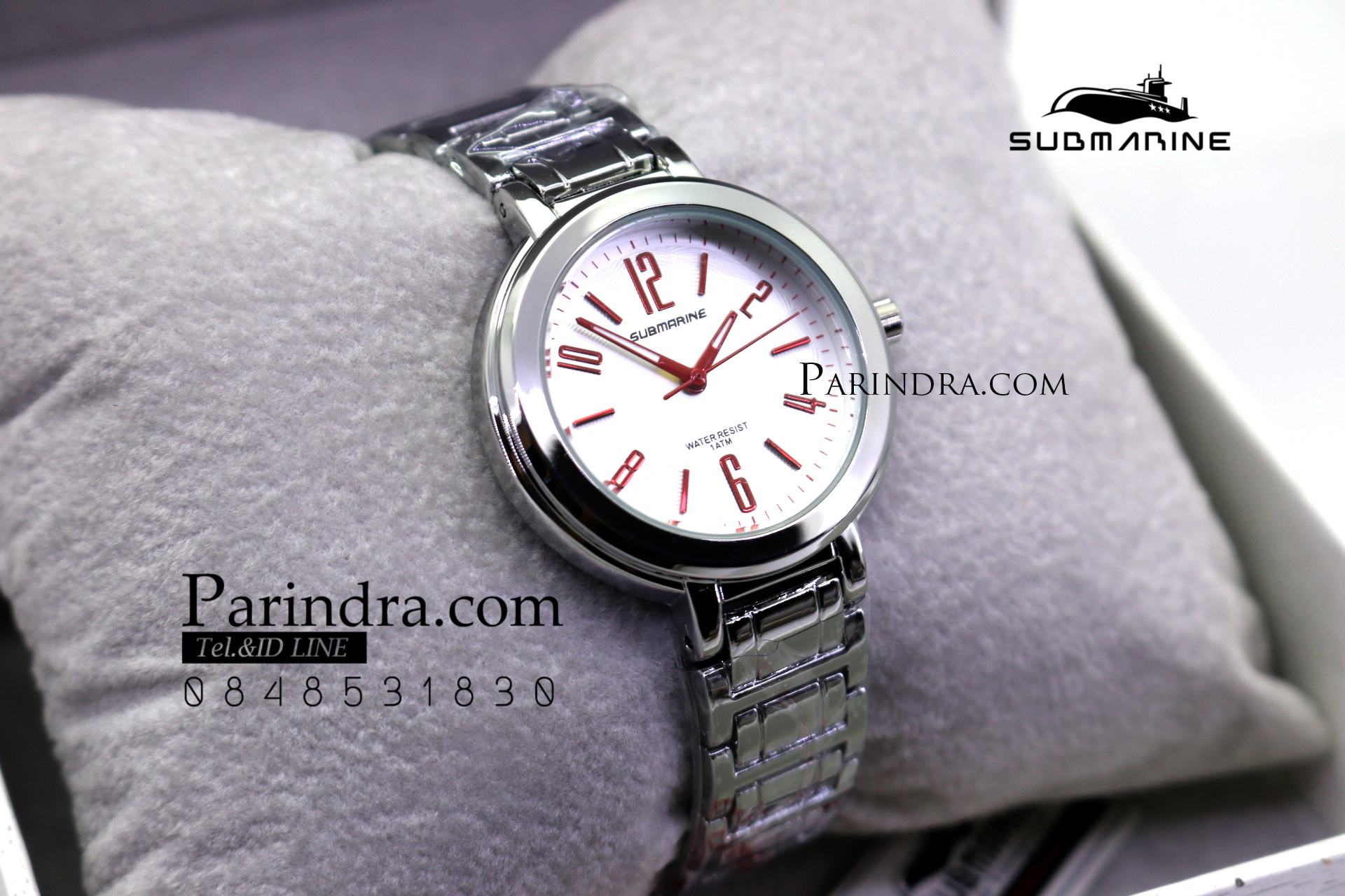 นาฬิกา US submarine รุ่น J123L สายสแตนเลสีเงิน หน้าปัดสีขาวตัวเลขสีแดง