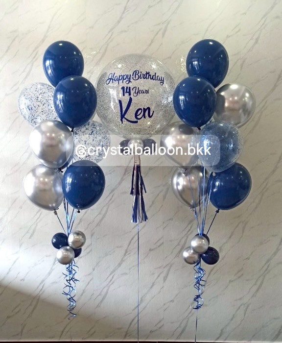 ลูกโป่งวันเกิด Bubble ขนาด 24" กลิตเตอร์สีเงินพร้อมลูกโป่งช่อ 9 ลูก 2 ช่อ พร้อมตกแต่ง สามารถเปลี่ยนสีลูกโป่ง/้เปลี่ยนข้อความ/เปลี่ยนขนาดลูกโป่งได้