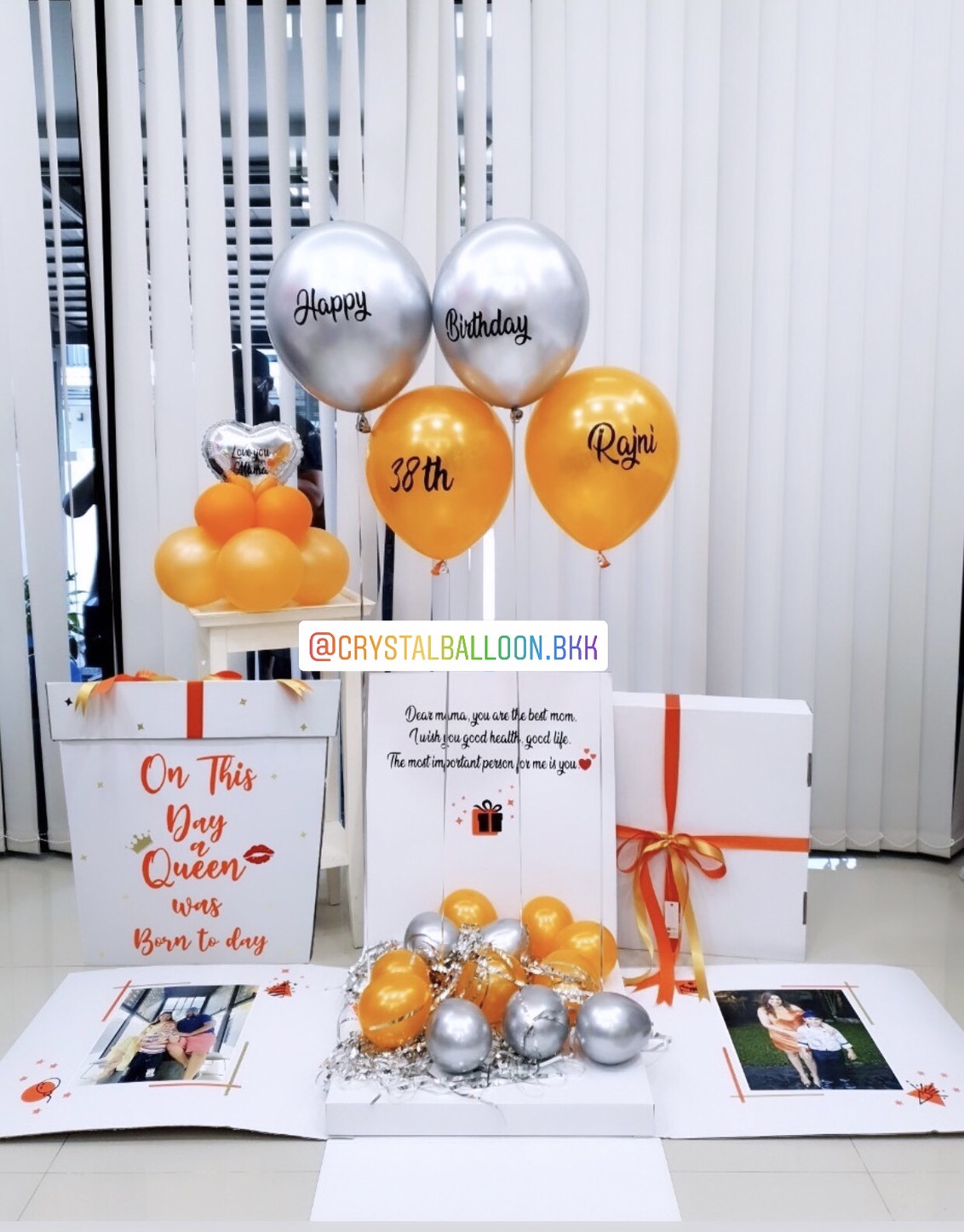 Happy Birthday Surprise Box Theme สีเงิน-ส้ม พร้อมตกแต่ง ฟอยล์หัวใจ ขนาด 10" ตั้งฐาน 1 ชิ้น สามารถเปลี่ยนสีลูกโป่ง/เปลี่ยนข้อความได้