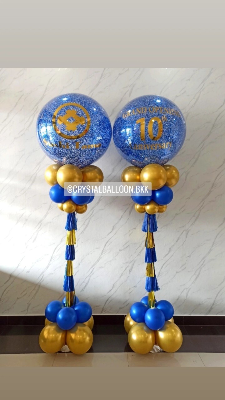 เสาลูกโป่ง เปิดร้าน Bubble ขนาด 36" กลิตเตอร์สีน้ำเงิน 2 เสา พร้อมตกแต่ง สามารถเปลี่ยนสีลูกโป่ง/เปลี่ยนข้อความได้